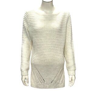 CCC Loose Knit White Long Sleeve Sweater Ribbed Stripes Eyelet Detail Lightweigh